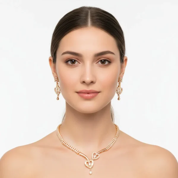 Rose Gold–Plated AD Heart Necklace Set with Earrings