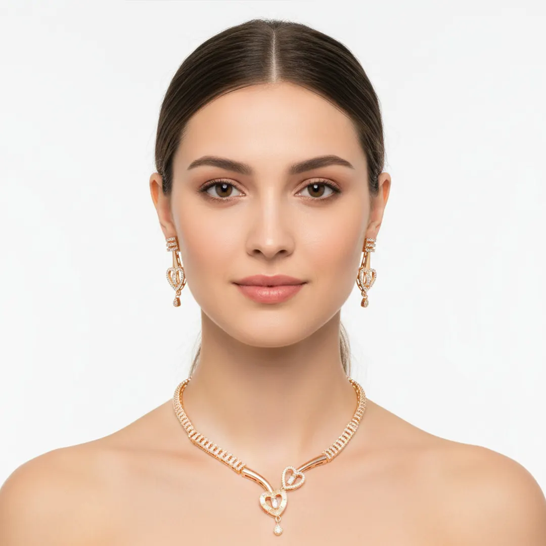 Rose Gold–Plated AD Heart Necklace Set with Earrings