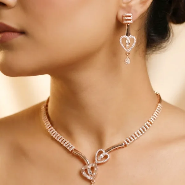 Rose Gold–Plated Heart Design Necklace Set with Earrings